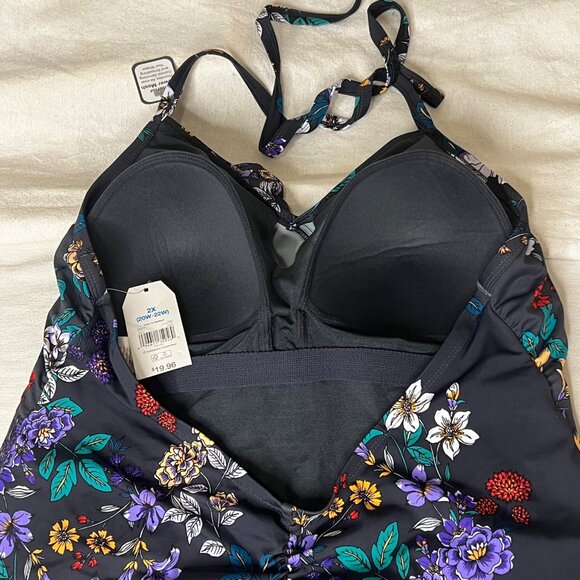 Time And Tru Womens 22W(20-22) Plus Sz Floral Halter 1-Piece Swimsuit Slimming - Picture 8 of 16